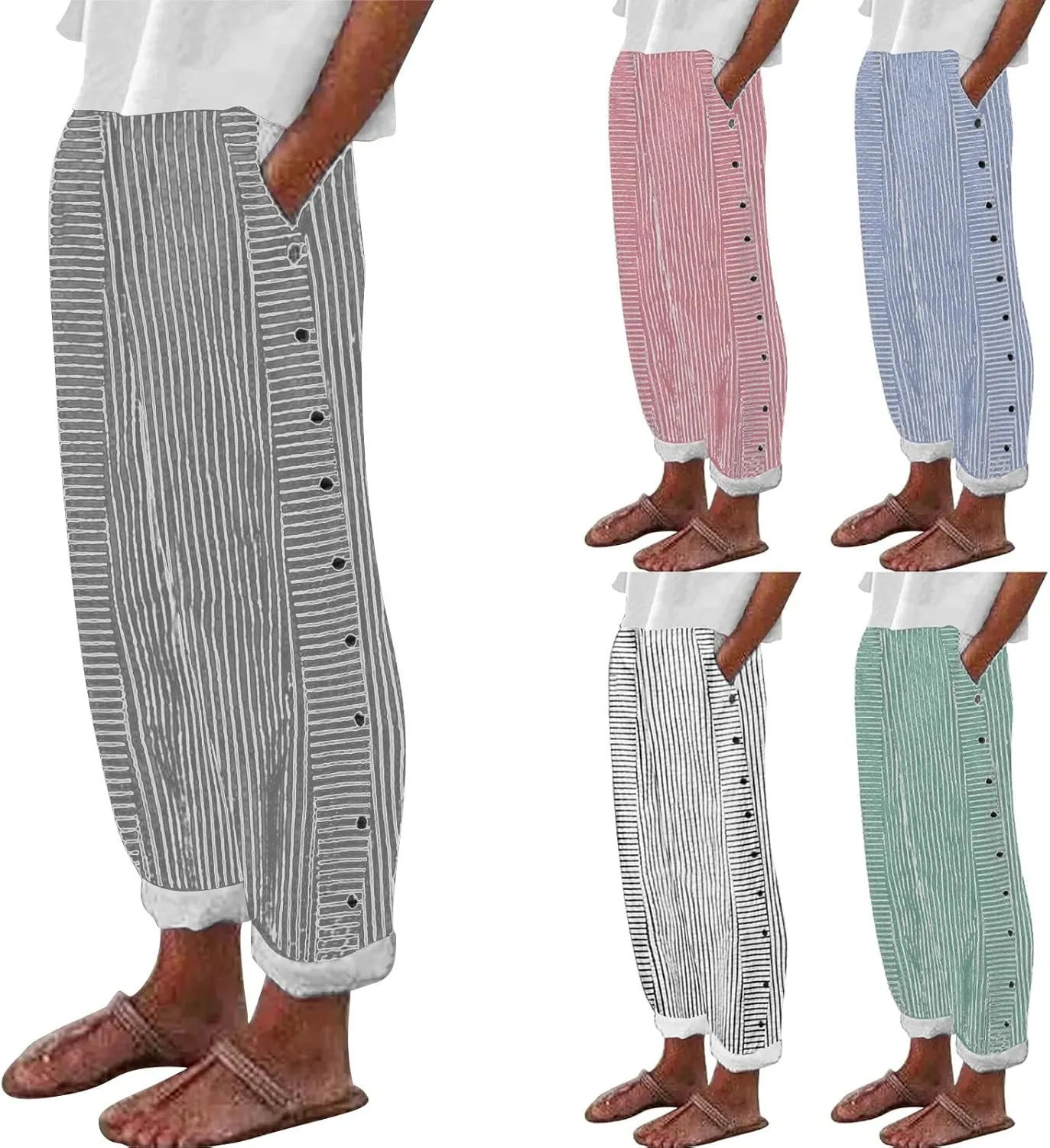 Striped Linen Pants Women Casual Wide Leg Side Button Pants Plus Size Elastic High Waist Loose Trousers with Pocket
