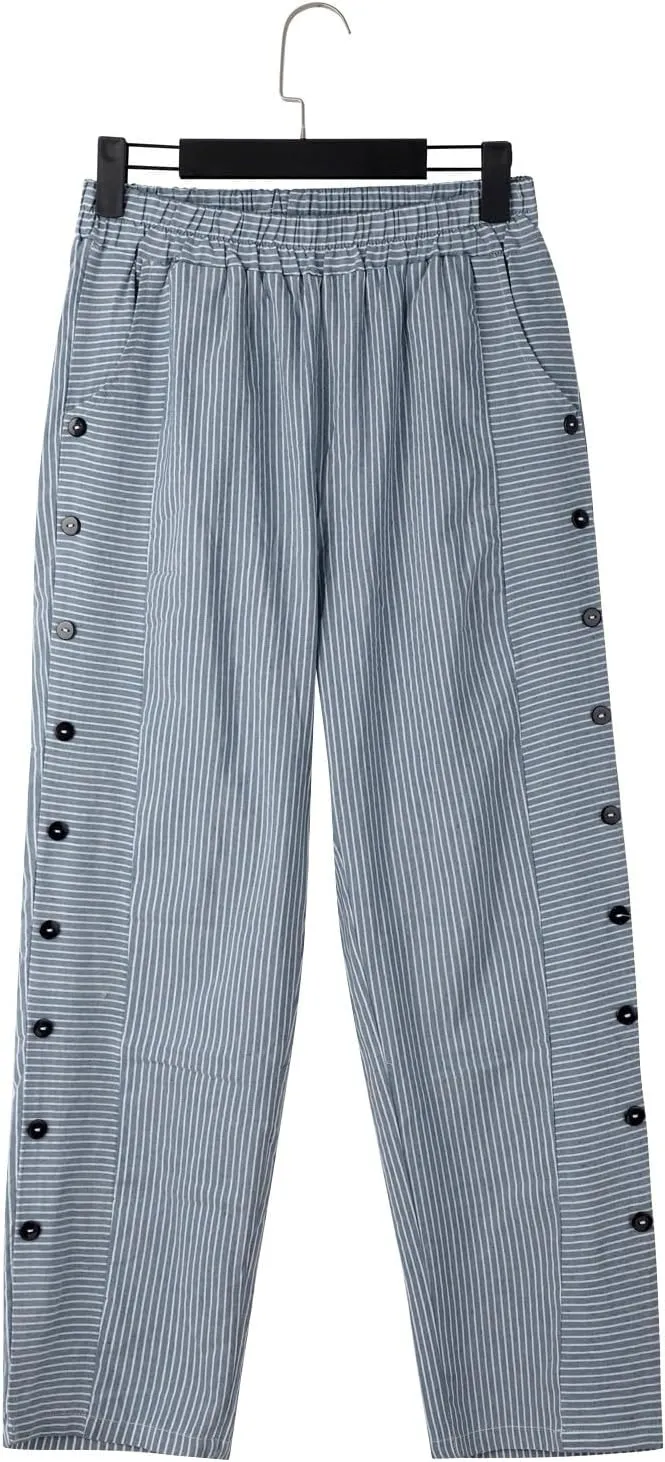 Striped Linen Pants Women Casual Wide Leg Side Button Pants Plus Size Elastic High Waist Loose Trousers with Pocket