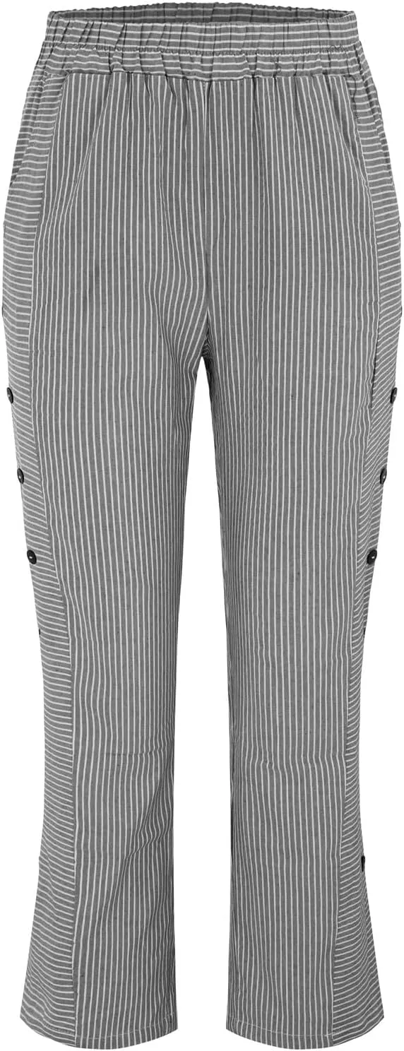 Striped Linen Pants Women Casual Wide Leg Side Button Pants Plus Size Elastic High Waist Loose Trousers with Pocket