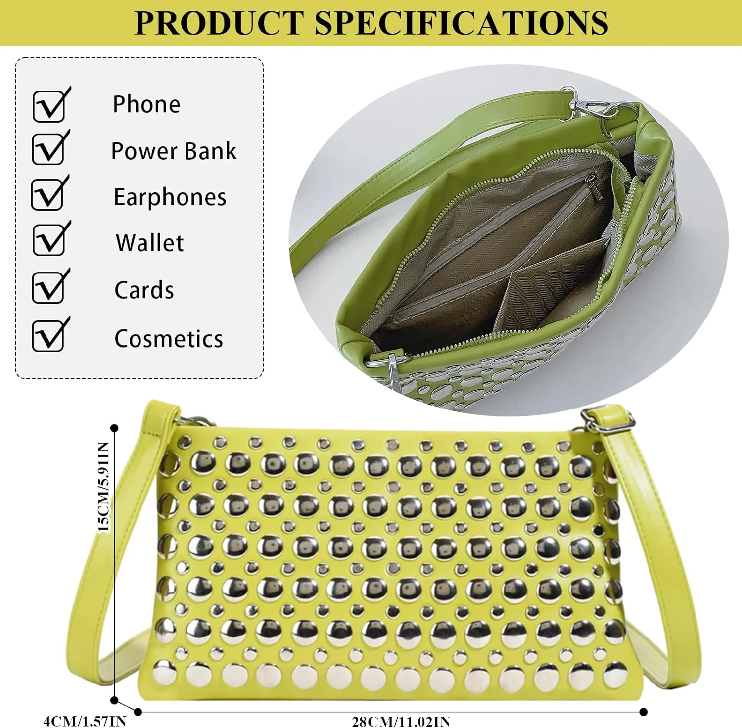 Studded Purse Y2K Crossbody Bag Trendy Punk 2000s Clutch Purses for Women Vegan Leather Designer Studded Bag