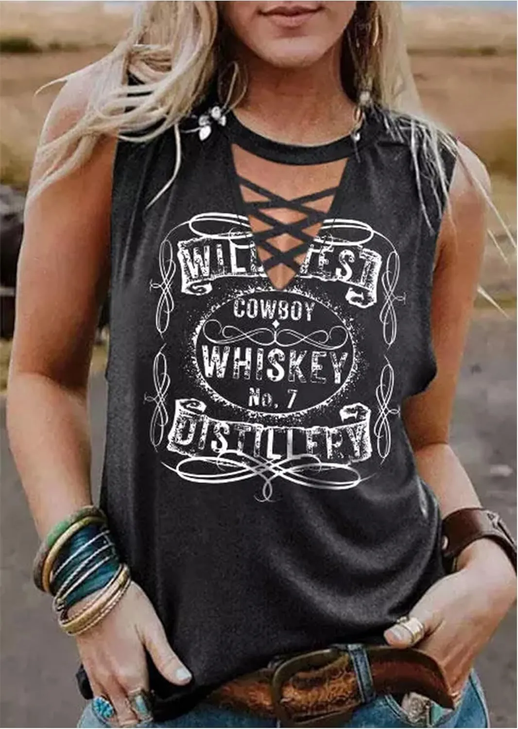 Summer Deep V Neck Tank Tops for Women Western Country Sleeveless Tee Shirts Teen Girls Sexy Casual Concert Tops Outfits