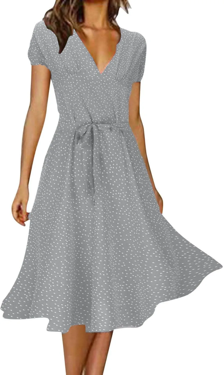Summer Dresses for Women 2024 Floral Boho Dress Beach Casual Mid Length Dress Short Sleeve Flowy Elegant Midi Dress