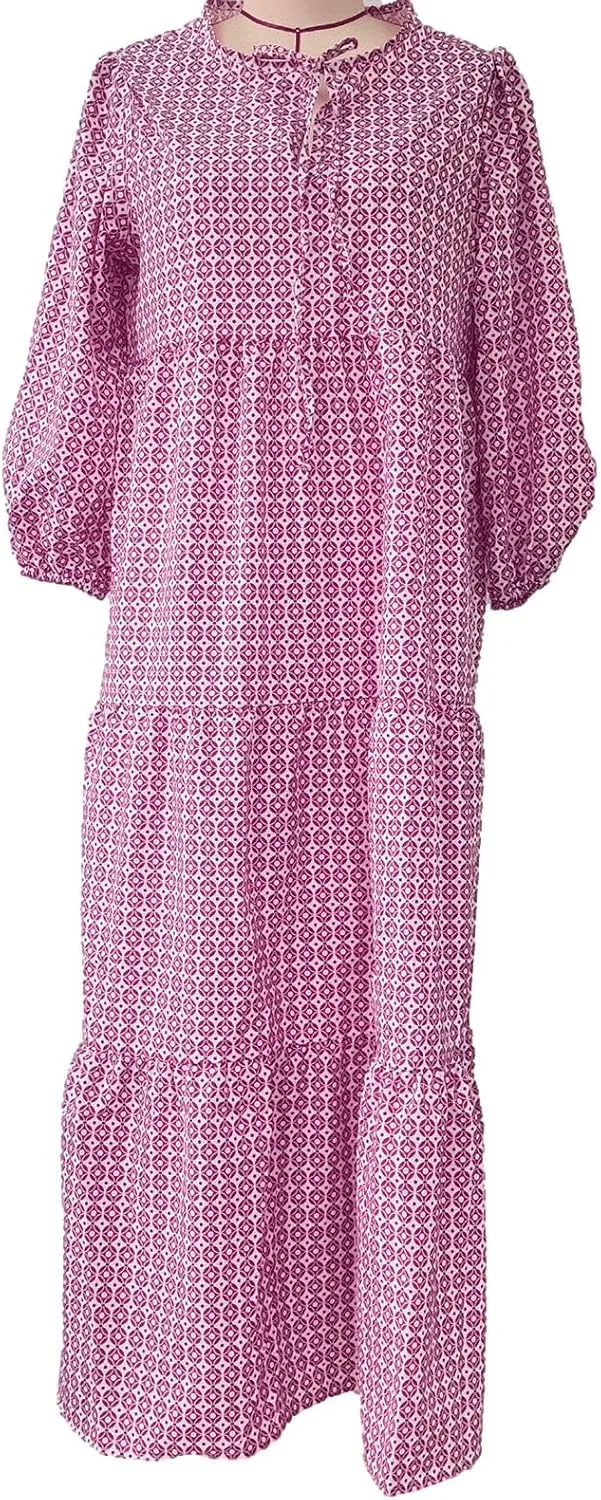 Summer Dresses for Women 2024 Vacation Printted Plus Size Puff Sleeve Dresses Loose fit v Neck Ankle Length Dresses