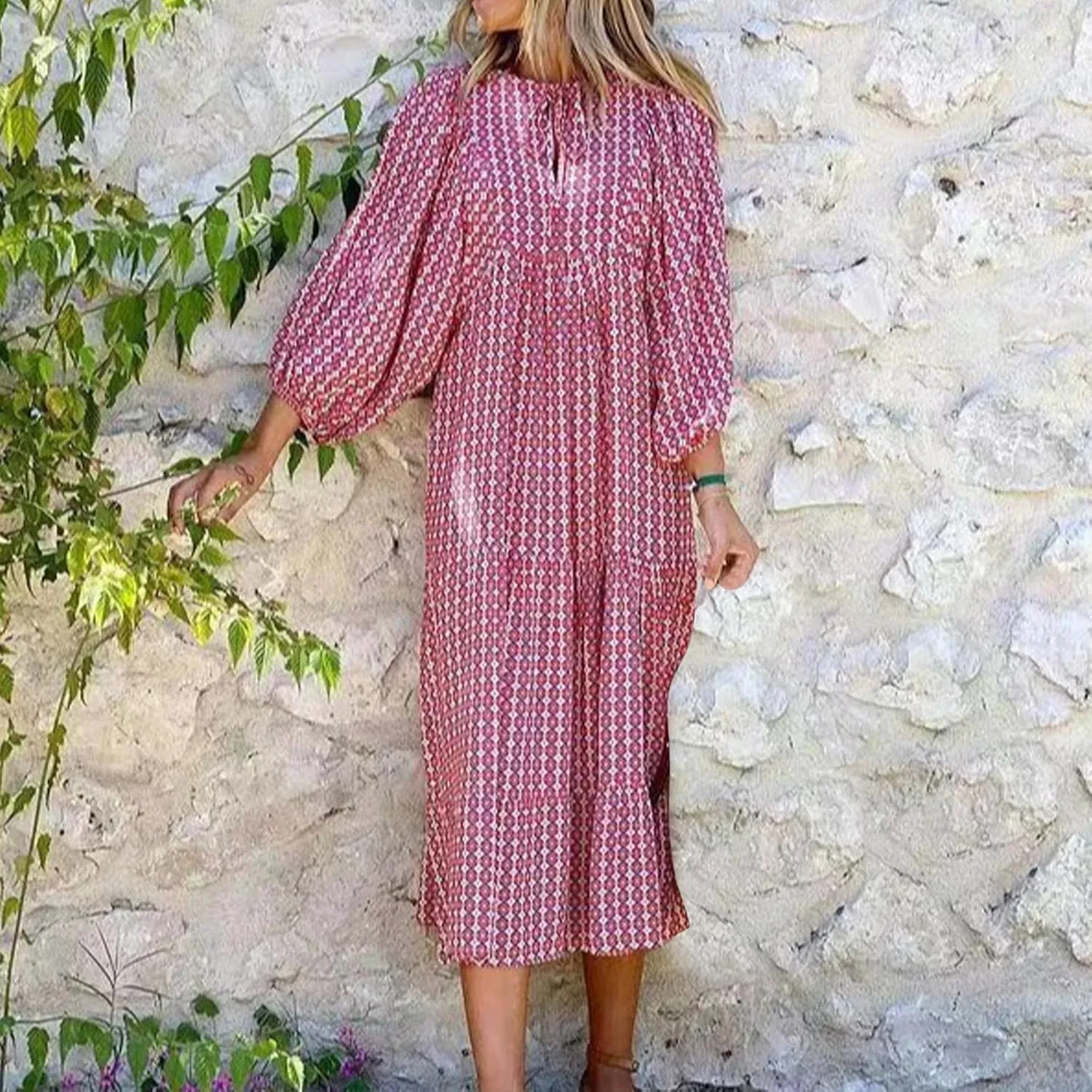 Summer Dresses for Women 2024 Vacation Printted Plus Size Puff Sleeve Dresses Loose fit v Neck Ankle Length Dresses