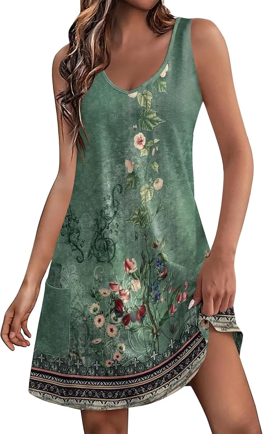 Summer Dresses for Women, Trendy V Neck Sleeveless Sundresses with Pockets Knee Length Boho Flowy Vintage Dress