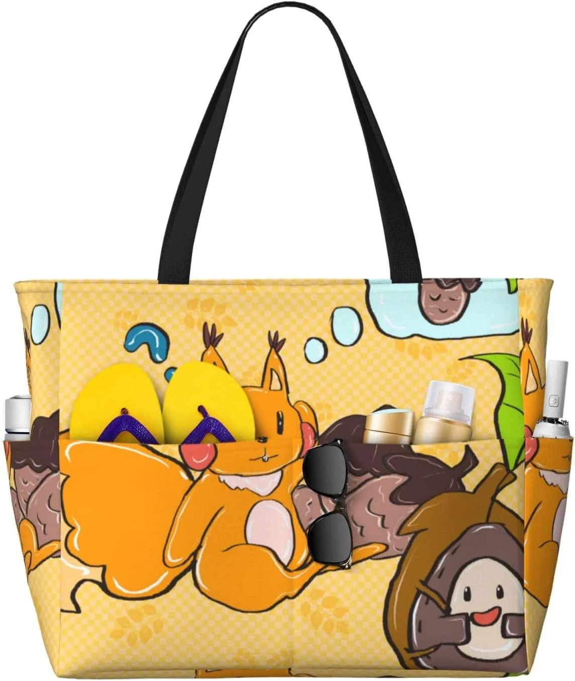 Sunflower Seed Squirrel Print 28L Large Beach Tote Bag, 7 Pockets Waterproof Travel Shoulder Bag, Gym Oversized Tote
