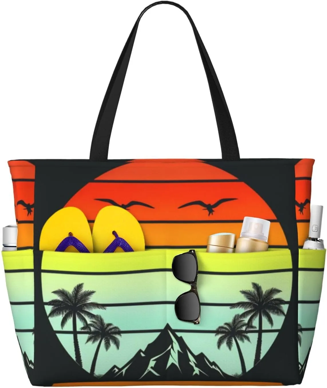 Sunset with Seagulls Print 28L Large Beach Tote Bag, 7 Pockets Waterproof Travel Shoulder Bag, Gym Oversized Tote