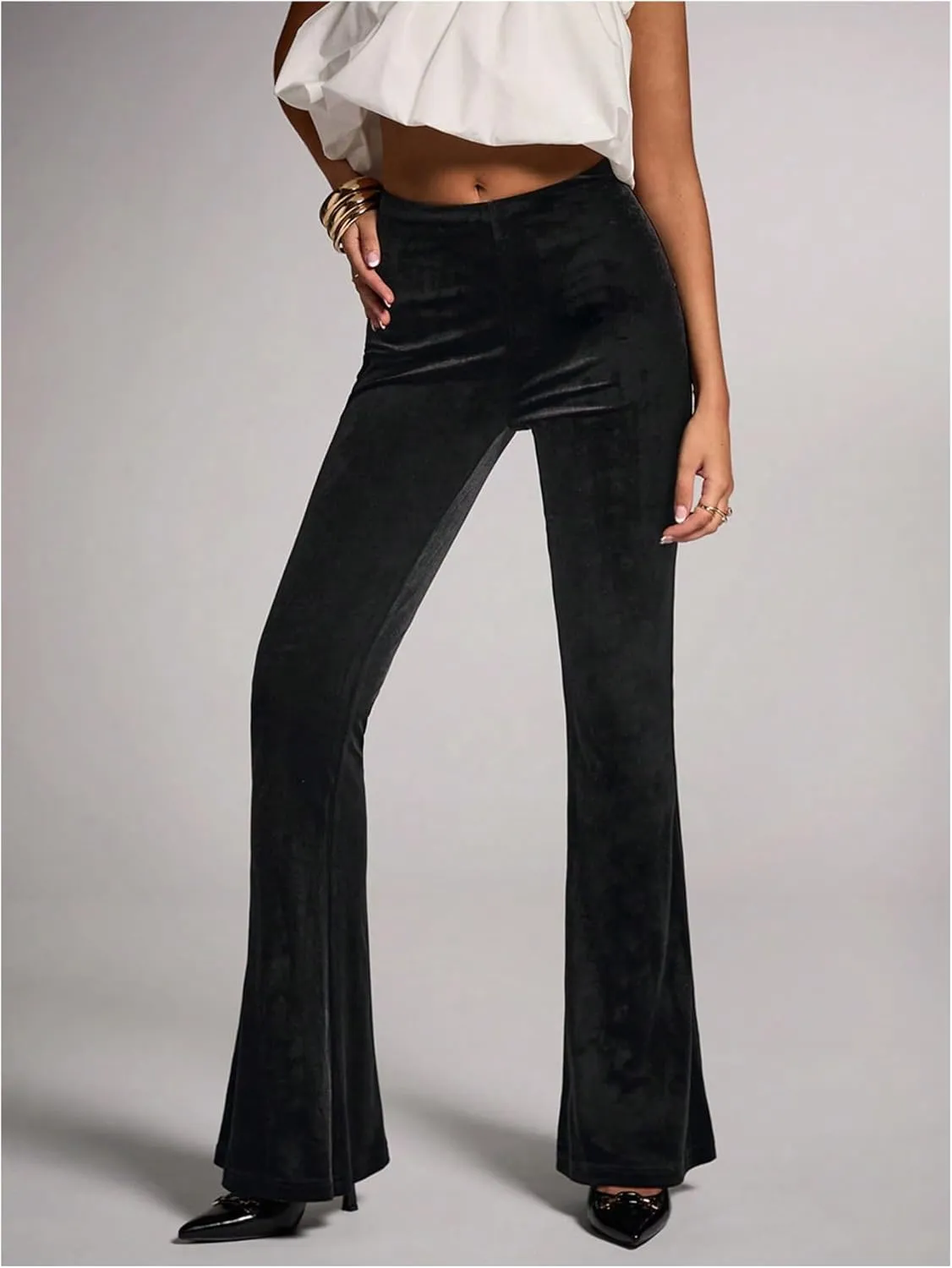SweatyRocks Women's Velvet Flared Pants Bell Bottoms Slim Fitted Street Long Trousers