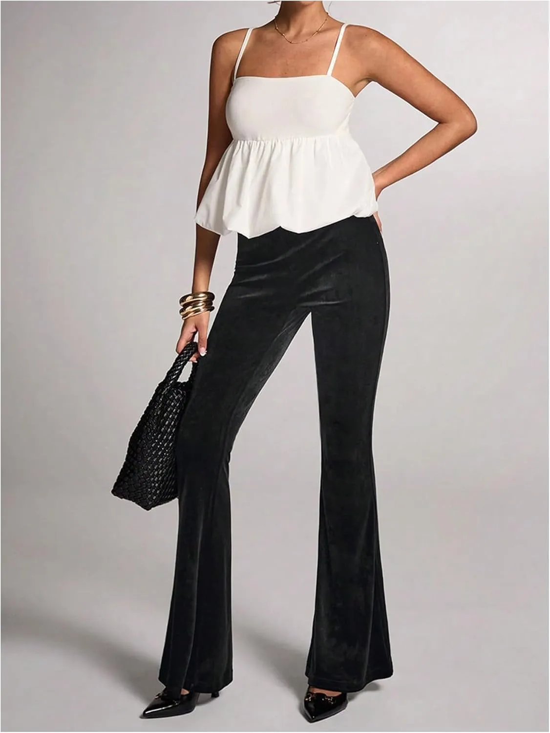 SweatyRocks Women's Velvet Flared Pants Bell Bottoms Slim Fitted Street Long Trousers