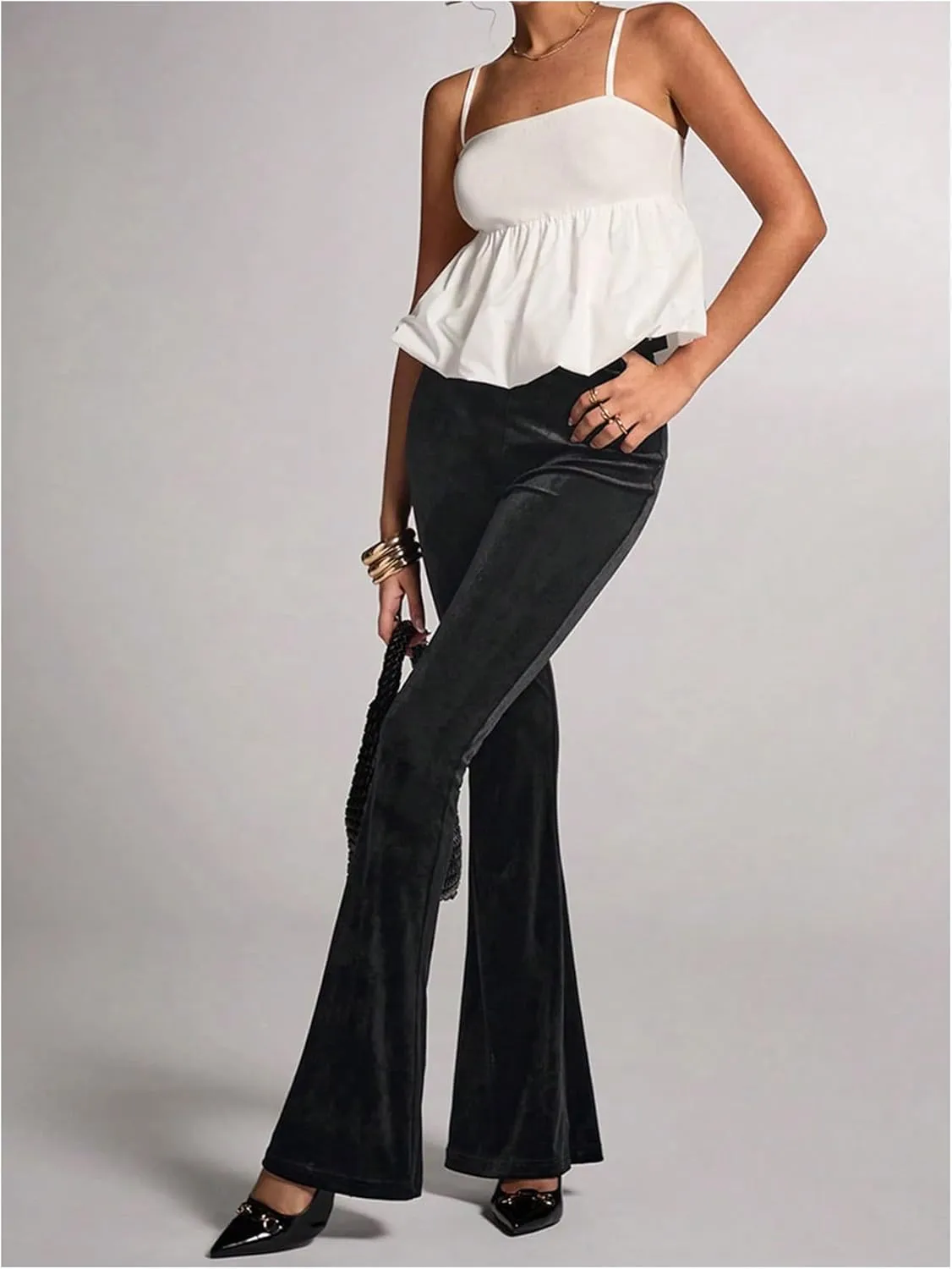 SweatyRocks Women's Velvet Flared Pants Bell Bottoms Slim Fitted Street Long Trousers