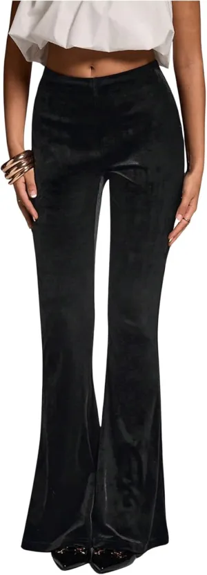 SweatyRocks Women's Velvet Flared Pants Bell Bottoms Slim Fitted Street Long Trousers