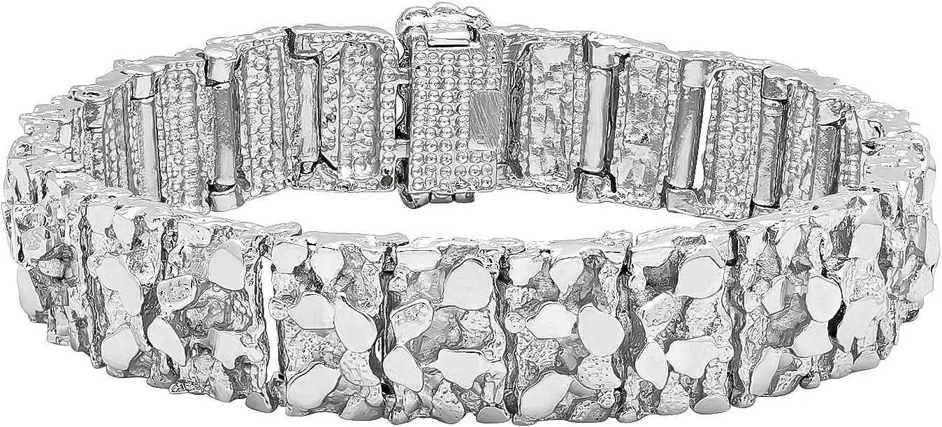 The Bling Factory Thick 15mm Rhodium Plated Chunky Nugget Textured Large Link Bracelet