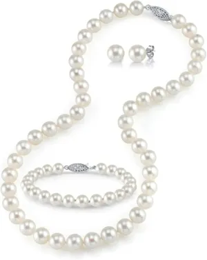 The Pearl Source 14K Gold Pearl Jewelry Set for Women - Freshwater Pearl Necklace, Earrings and Bracelet with Genuine Cultured Pearls, 8.0-9.0mm