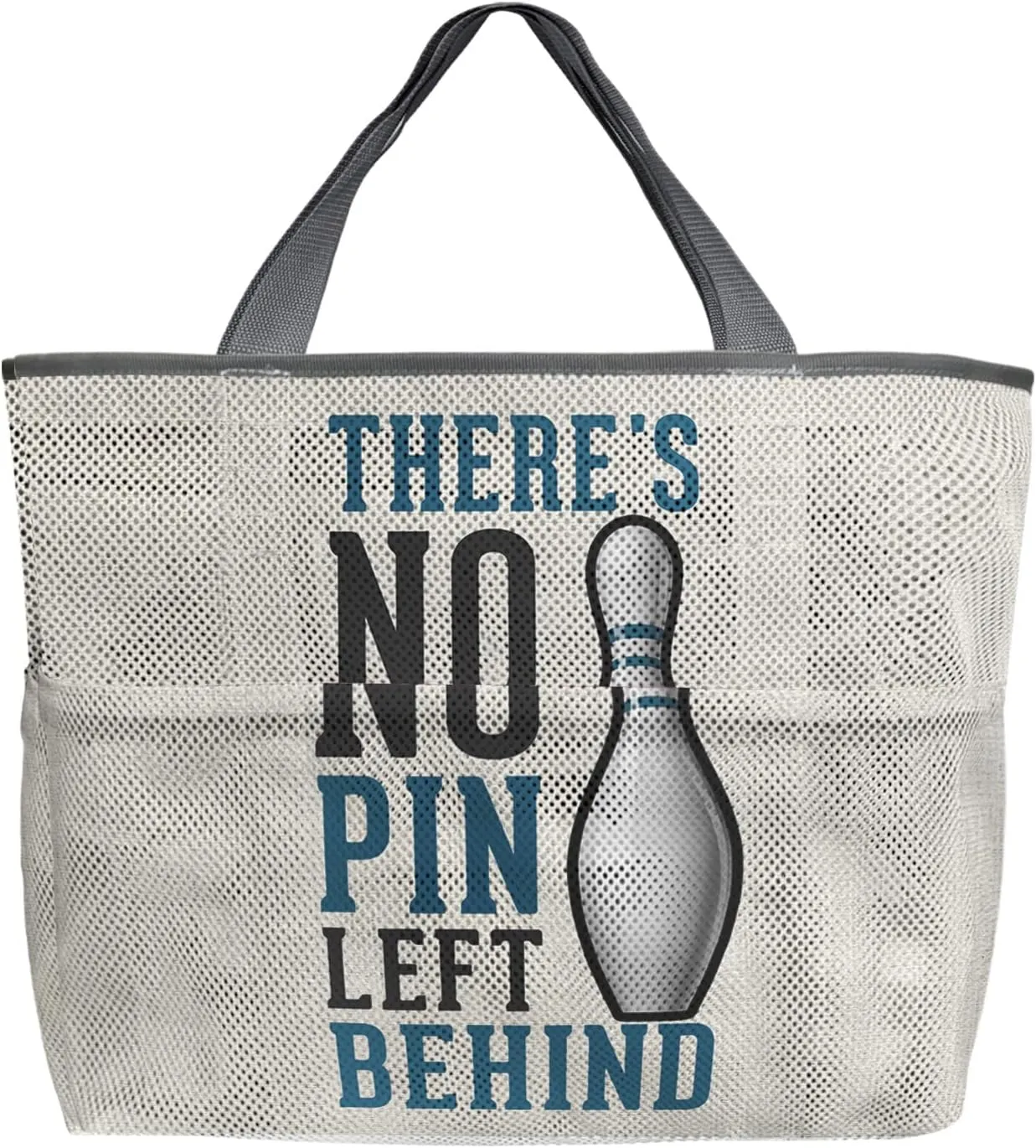 There's No Pin Left Behind Beach Tote Bag for Women, Blue White Bowling Burlap Mesh Beach Bags Waterproof Sandproof, Outdoor Picnic Swim Pool Handbag - Large Beach Bag with Zipper and Pockets
