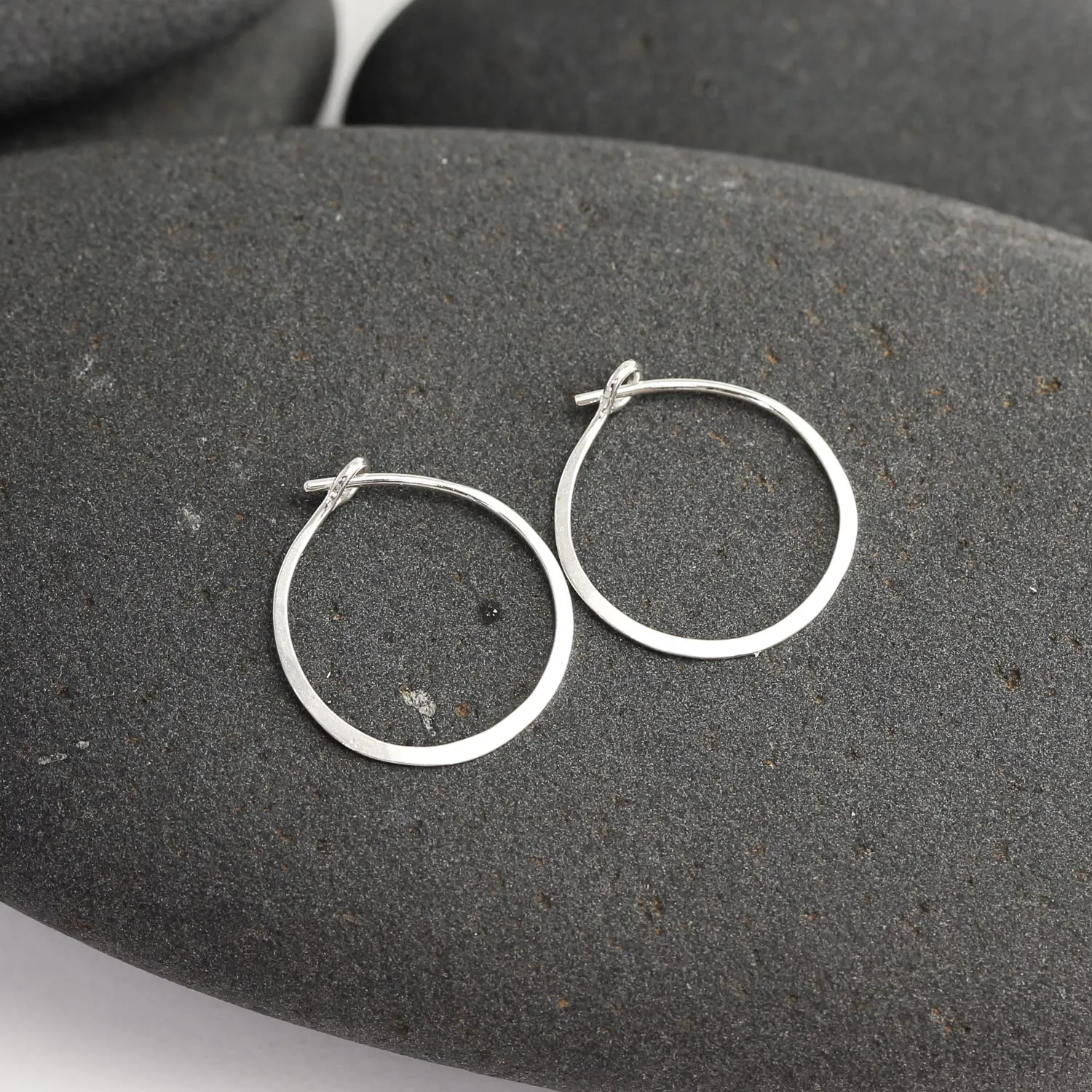 Thin Hammered Hoop Earrings, Elegant Geometric Solid Sterling Silver, Gold Filled, and Rose Gold Filled; for Women by Lotus Stone Jewelry (Silver, Med Hoop)