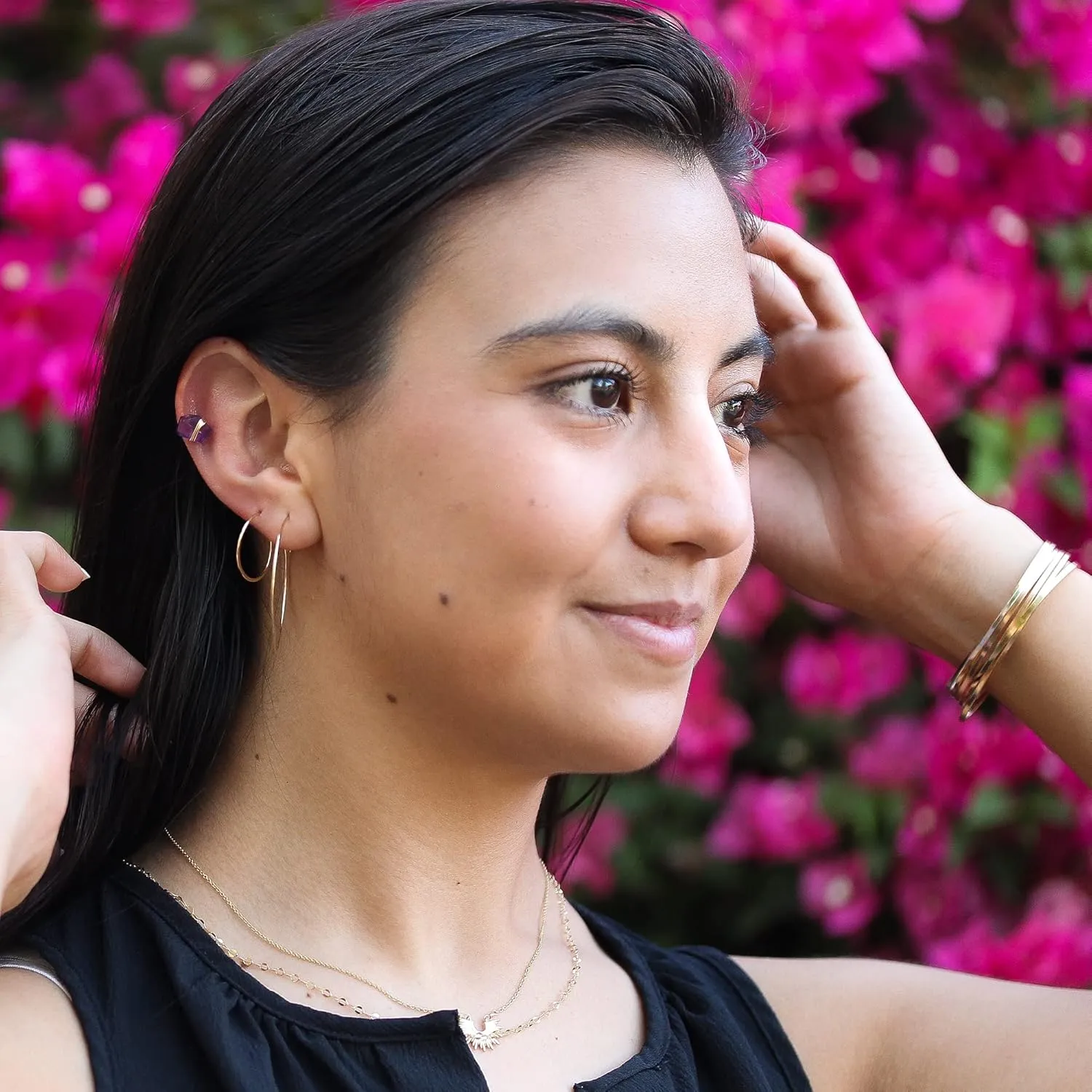 Thin Hammered Hoop Earrings, Elegant Geometric Solid Sterling Silver, Gold Filled, and Rose Gold Filled; for Women by Lotus Stone Jewelry (Silver, Med Hoop)