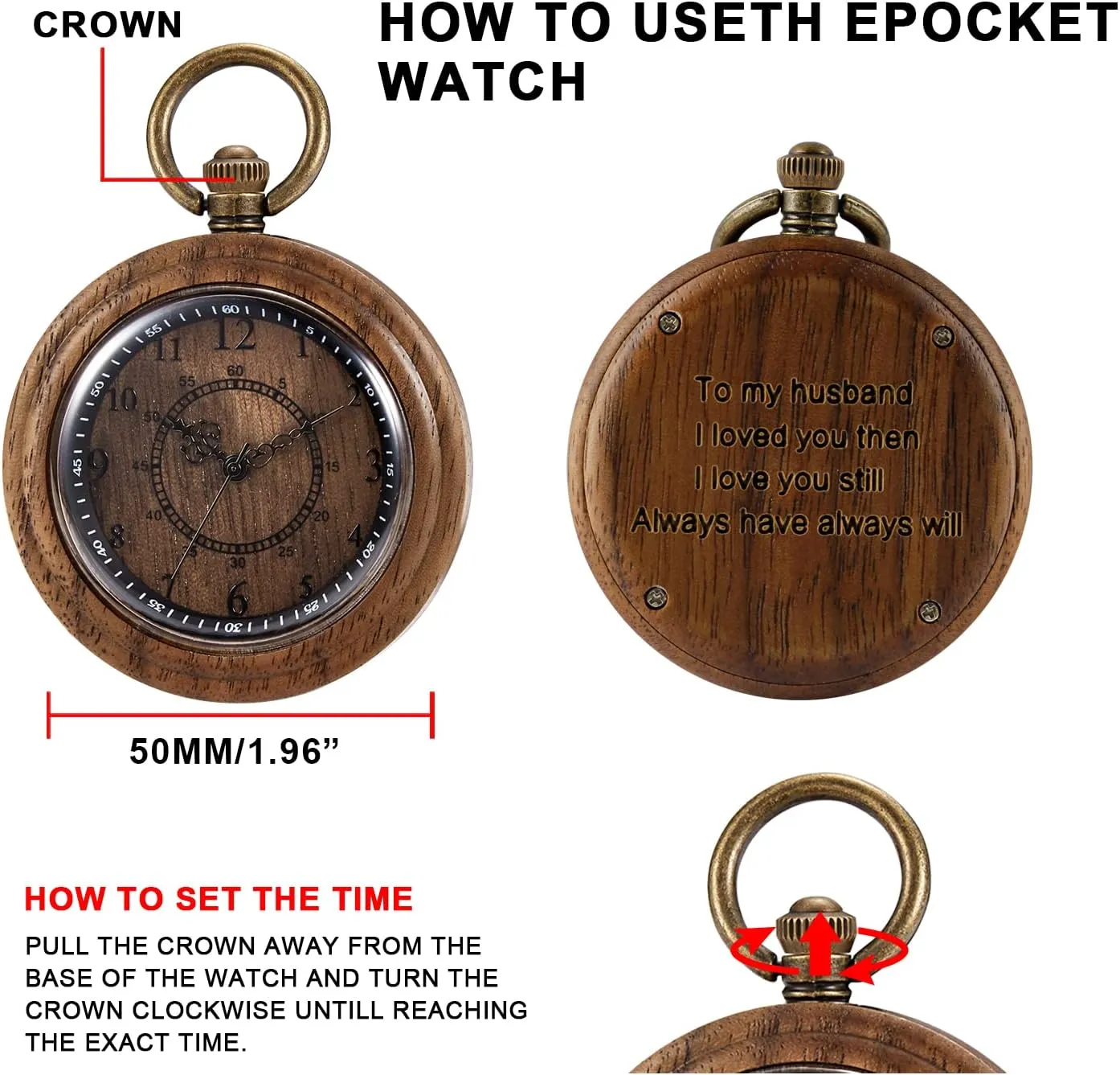 Tiong Wooden Pocket Watch,Customized Wooden Pocket Watches for Men Handmade Bamboo Wood Analog Quartz Custom Pocket Watch with Chain Gift for Father's Day