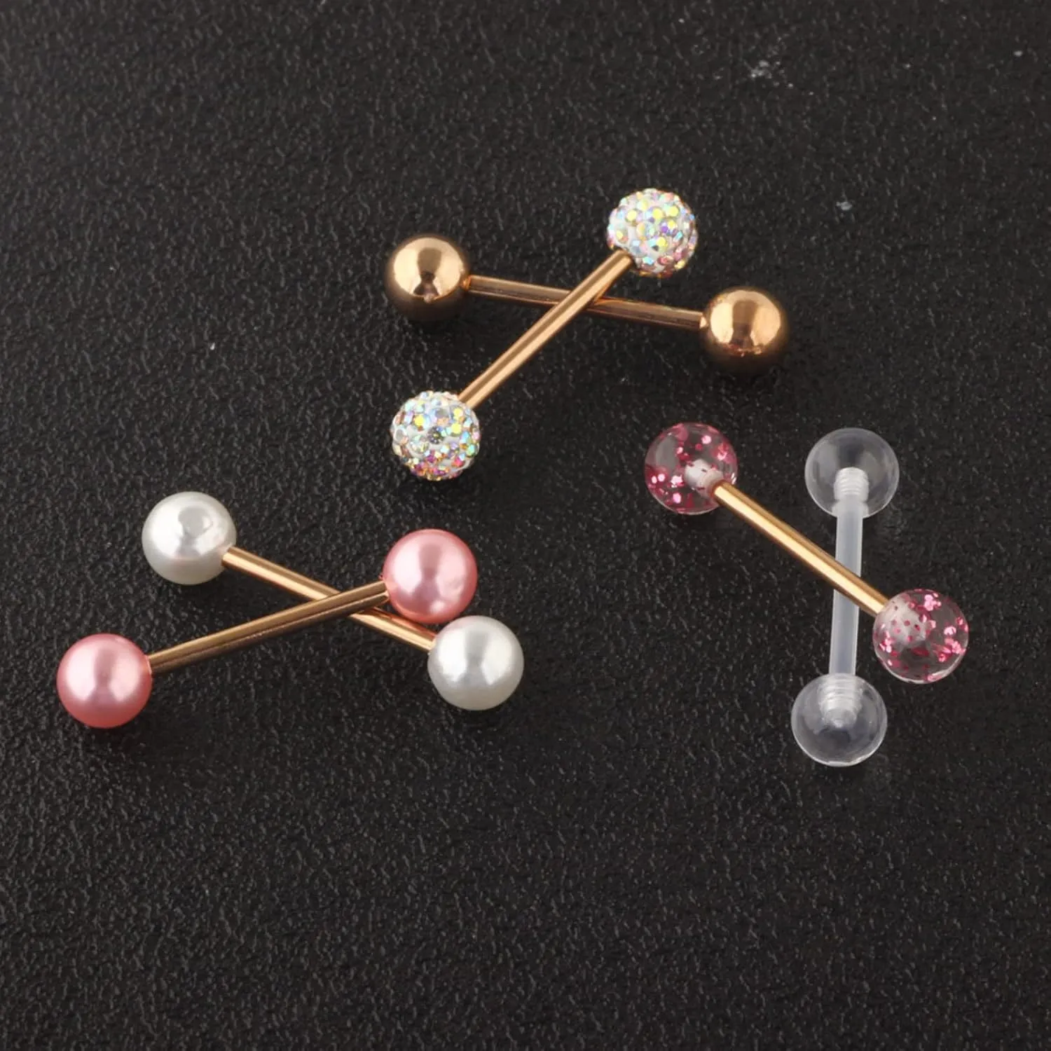 Titanium Steel Nipple Tongue Rings Ball CZ Barbell Rose Gold Set Piercing Jewelry Body Retainer 14G(1.6mm) 16mm 4/6 Pairs