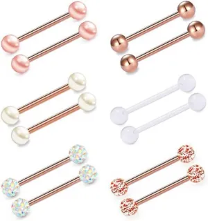 Titanium Steel Nipple Tongue Rings Ball CZ Barbell Rose Gold Set Piercing Jewelry Body Retainer 14G(1.6mm) 16mm 4/6 Pairs