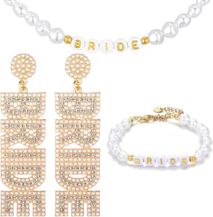 Tondiamo Bride Bachelorette Party Accessories Bride Pearl Beaded Necklace Women Dangle Earring with Rhinestones Pearl Bracelet Bachelorette Gift Bridal Shower Supplies