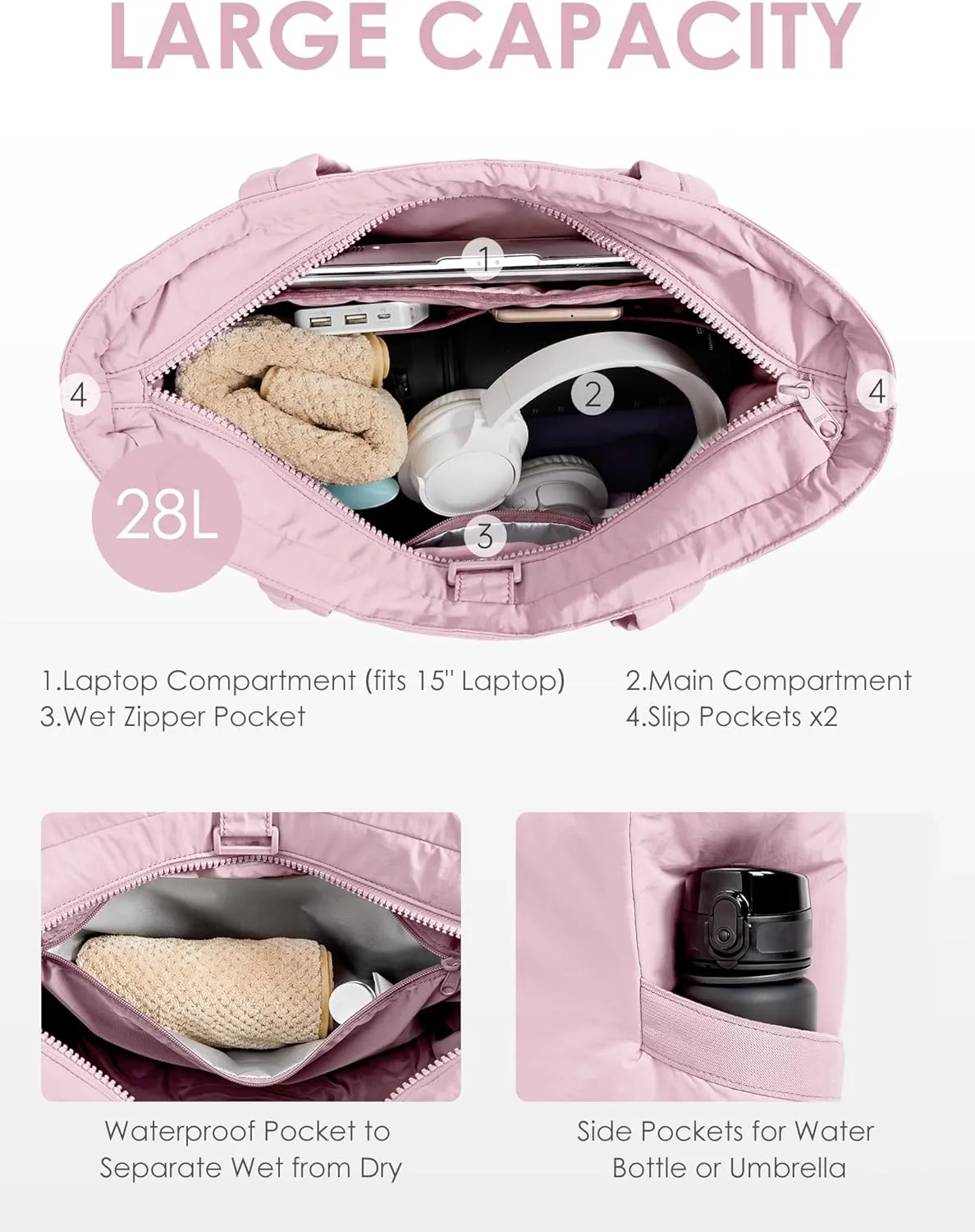 Tote Bag for Women,Puffer Travel Tote Bags with Zipper, Quilted Handbag with Compartments for Travel Work Sport, Pink