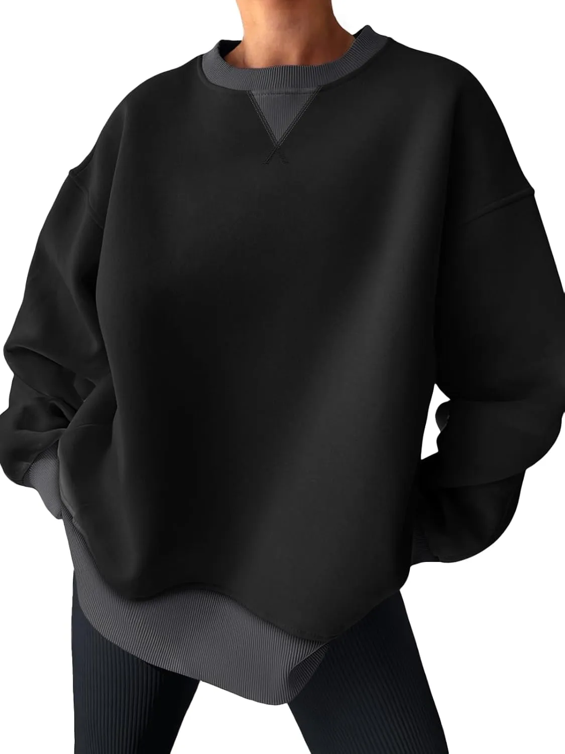 Trendy Queen Women's Oversized Color Block Fleeced Crewneck Sweatshirt