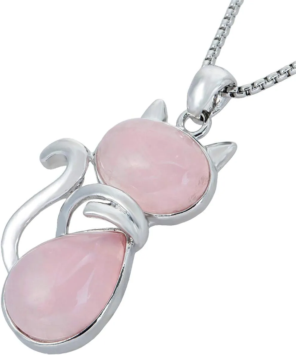 TUMBEELLUWA Stone Pendant Cat Healing Crystal Necklace Animal Energy Chakra Amulet Handmade Jewelry for Women