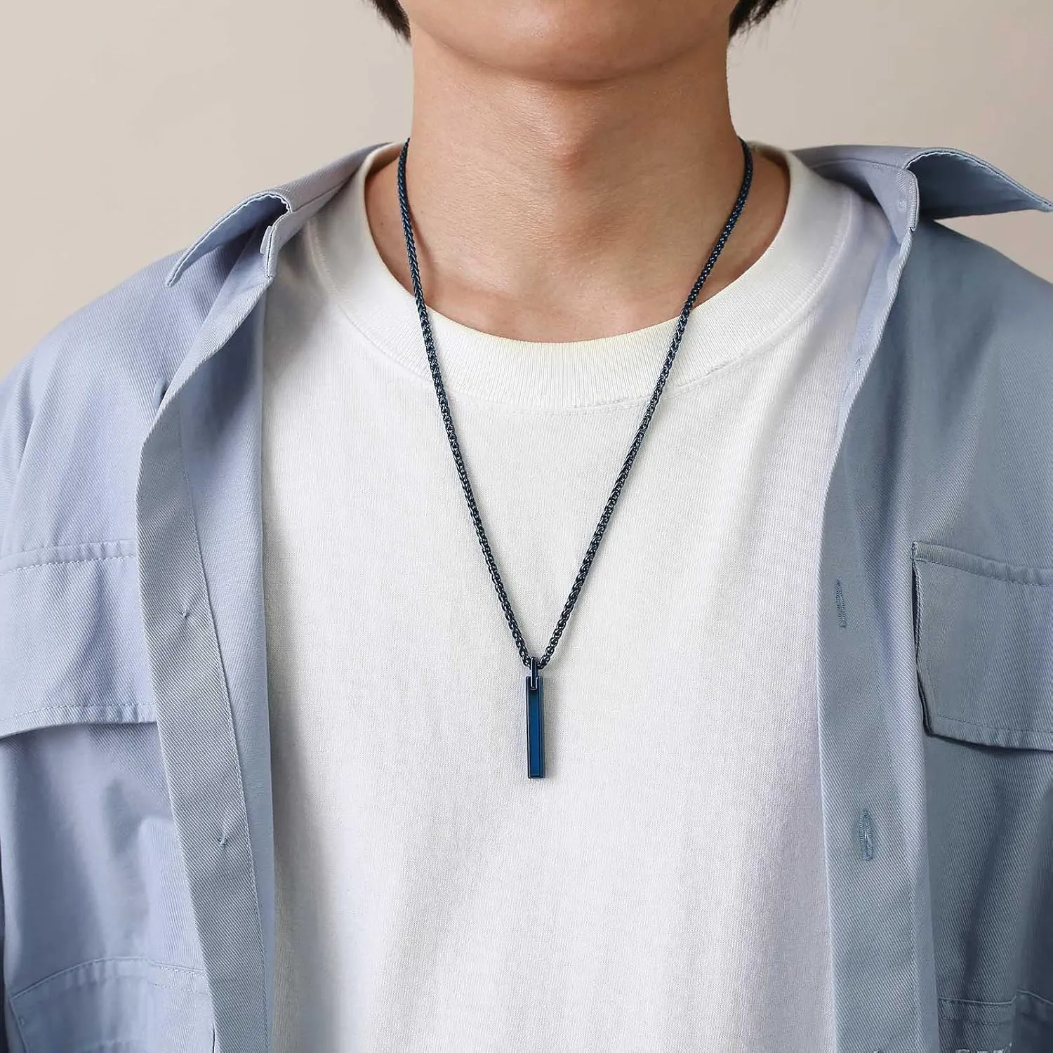 Tungsten Carbide Hebrew Jewish Bar Necklaces Engraved Custom Symbol of Life Pendant Inspirational Necklaces Polished Jewelry for Men Women, Wife Husband Gift, Chain 24"