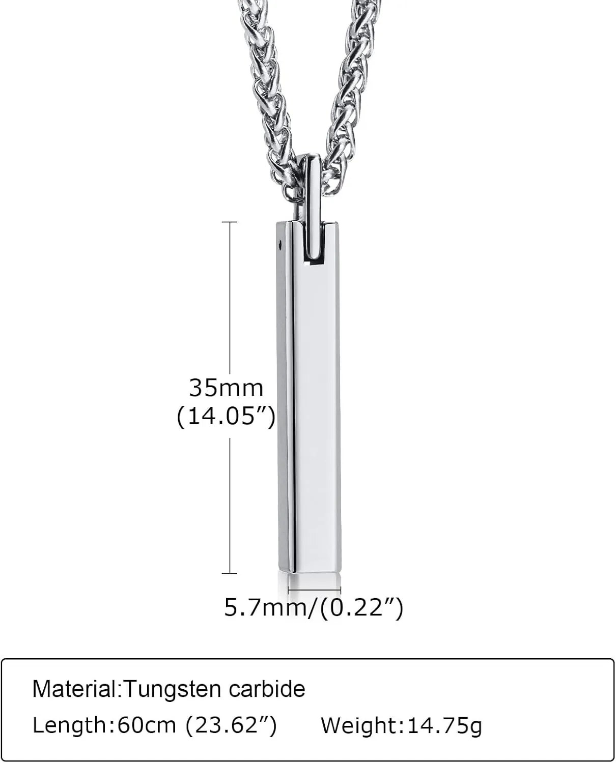 Tungsten Carbide Hebrew Jewish Bar Necklaces Engraved Custom Symbol of Life Pendant Inspirational Necklaces Polished Jewelry for Men Women, Wife Husband Gift, Chain 24"