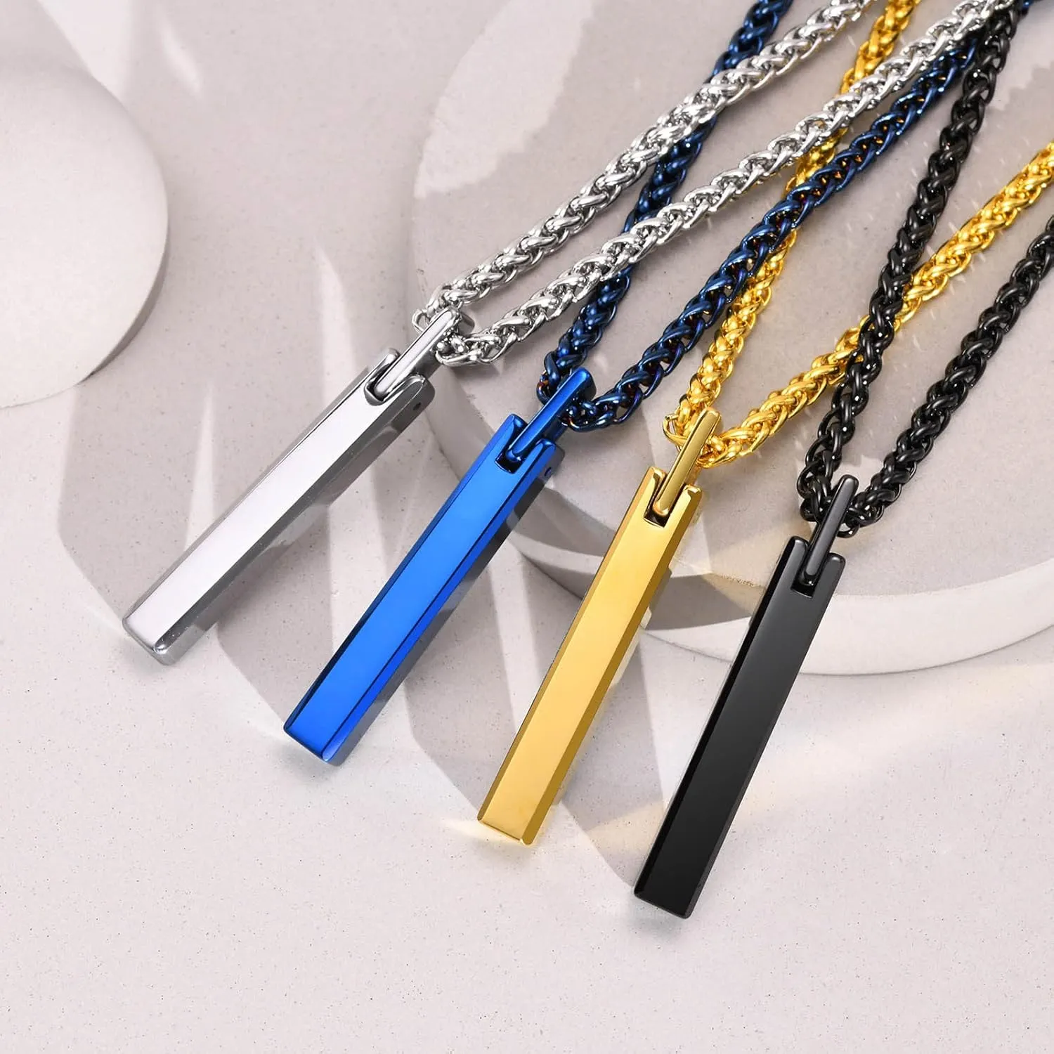 Tungsten Carbide Hebrew Jewish Bar Necklaces Engraved Custom Symbol of Life Pendant Inspirational Necklaces Polished Jewelry for Men Women, Wife Husband Gift, Chain 24"