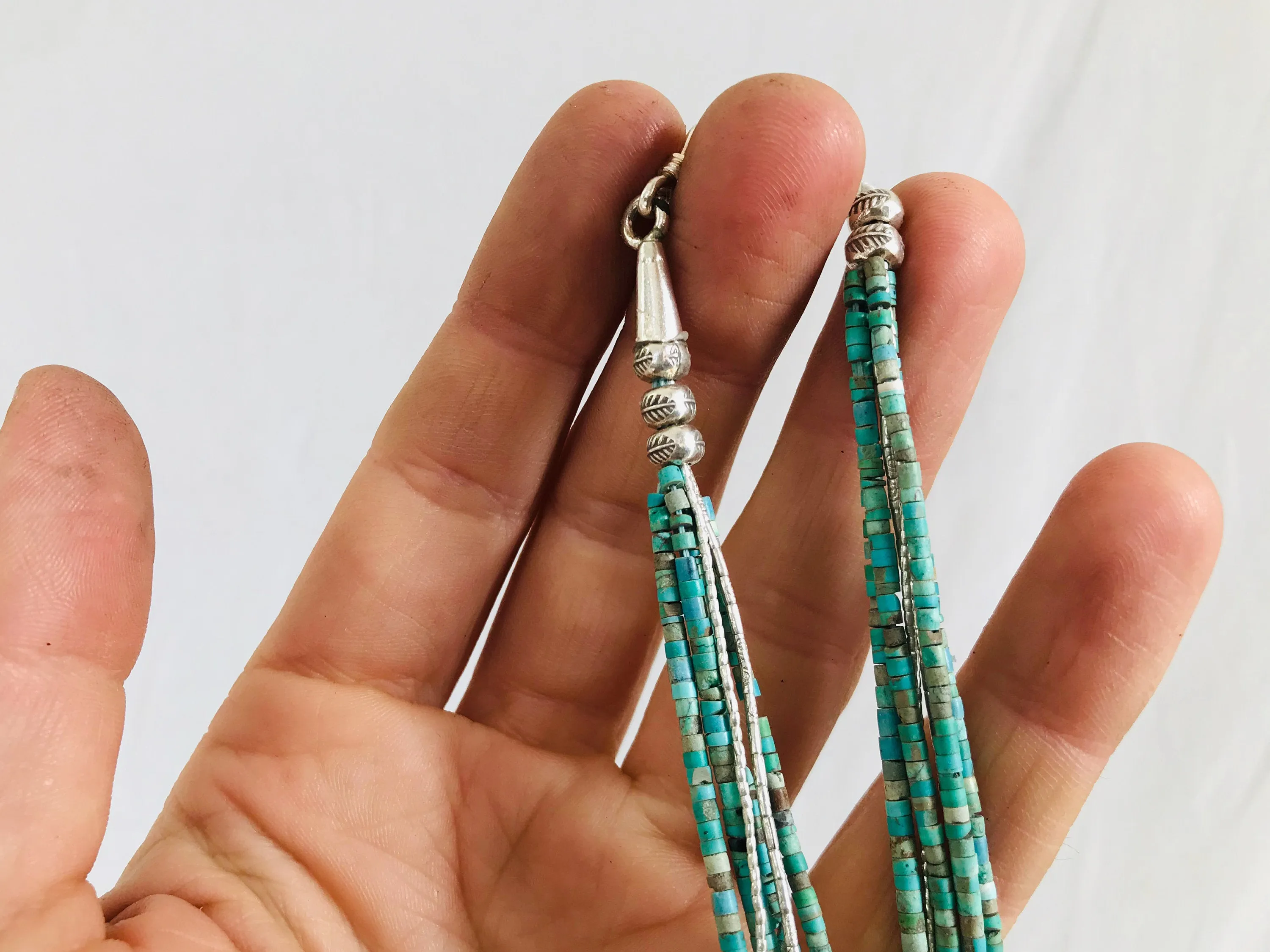 Turquoise Multi-Strand Choker Necklace. Tiny Turquoise Heishi and Sterling Silver