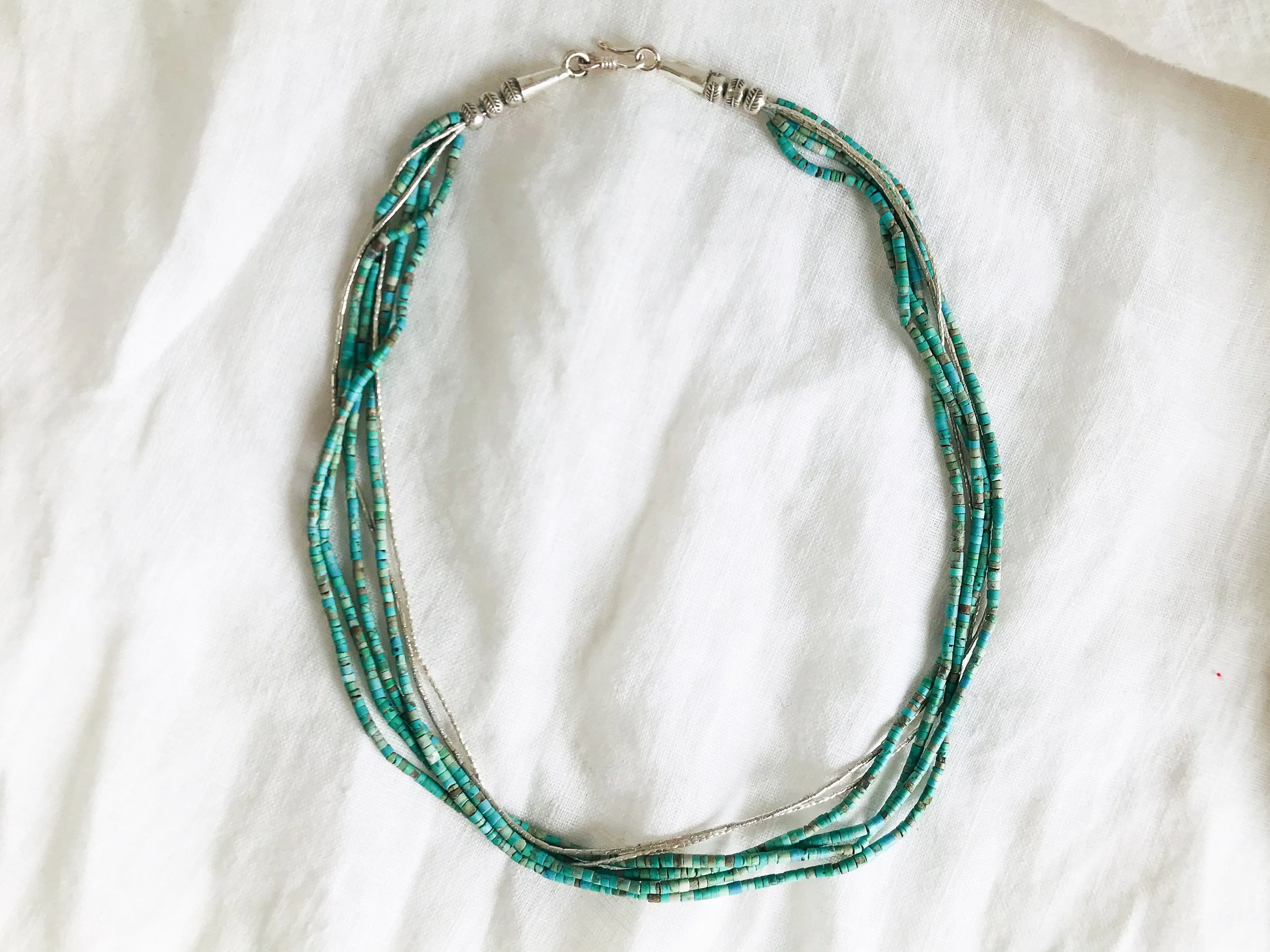 Turquoise Multi-Strand Choker Necklace. Tiny Turquoise Heishi and Sterling Silver