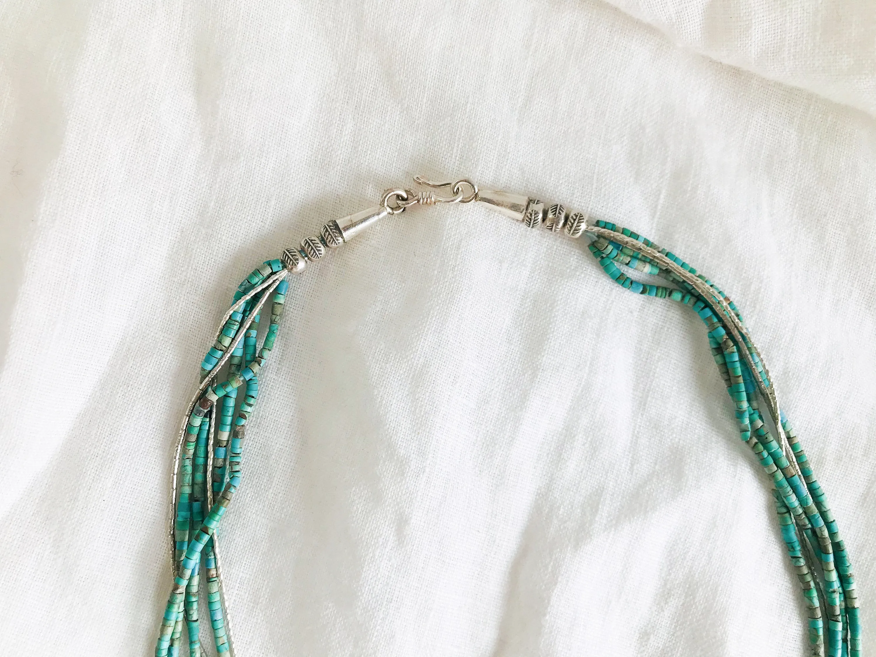 Turquoise Multi-Strand Choker Necklace. Tiny Turquoise Heishi and Sterling Silver