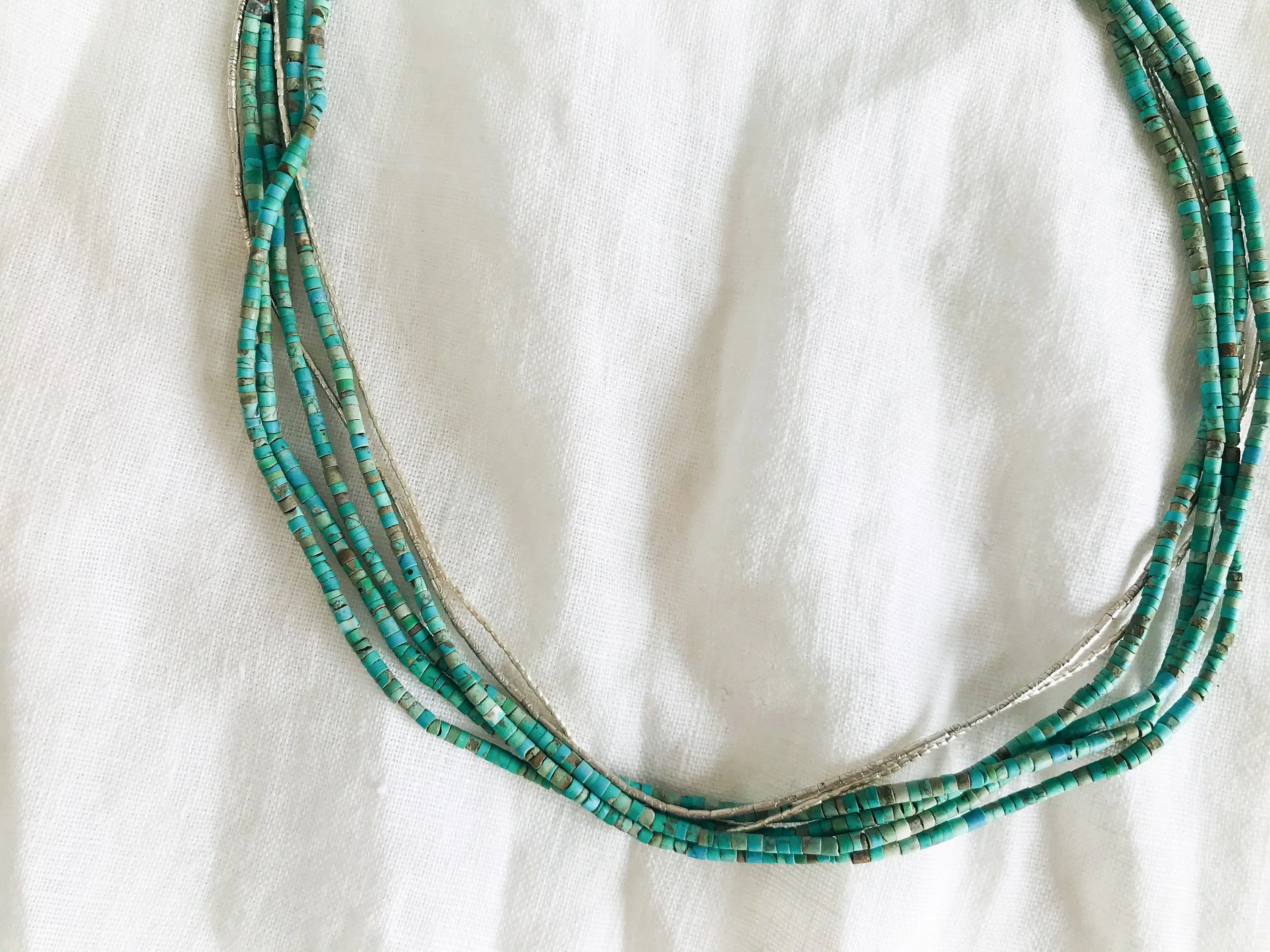 Turquoise Multi-Strand Choker Necklace. Tiny Turquoise Heishi and Sterling Silver