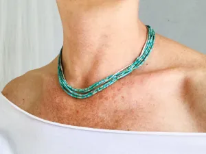 Turquoise Multi-Strand Choker Necklace. Tiny Turquoise Heishi and Sterling Silver