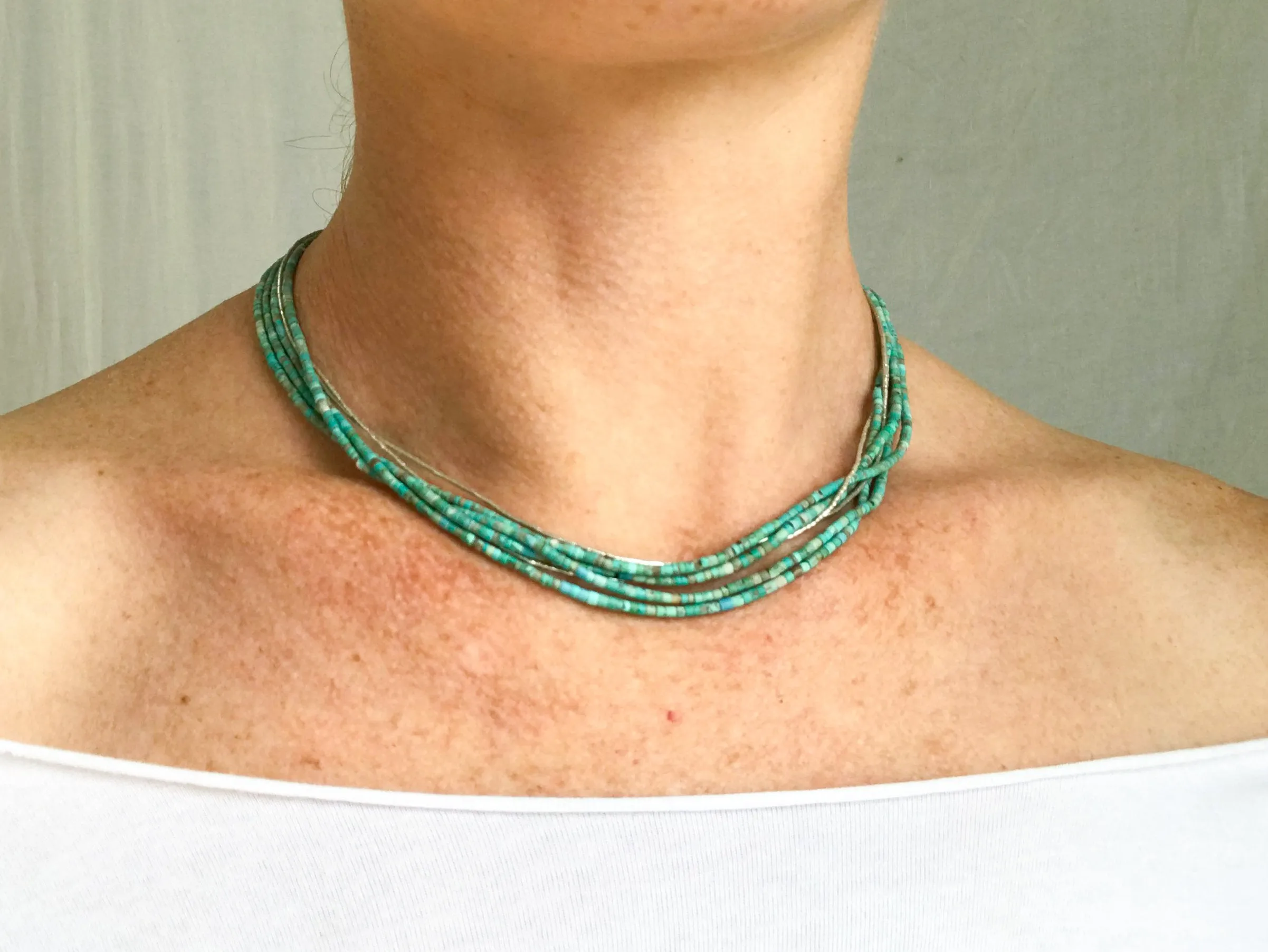 Turquoise Multi-Strand Choker Necklace. Tiny Turquoise Heishi and Sterling Silver