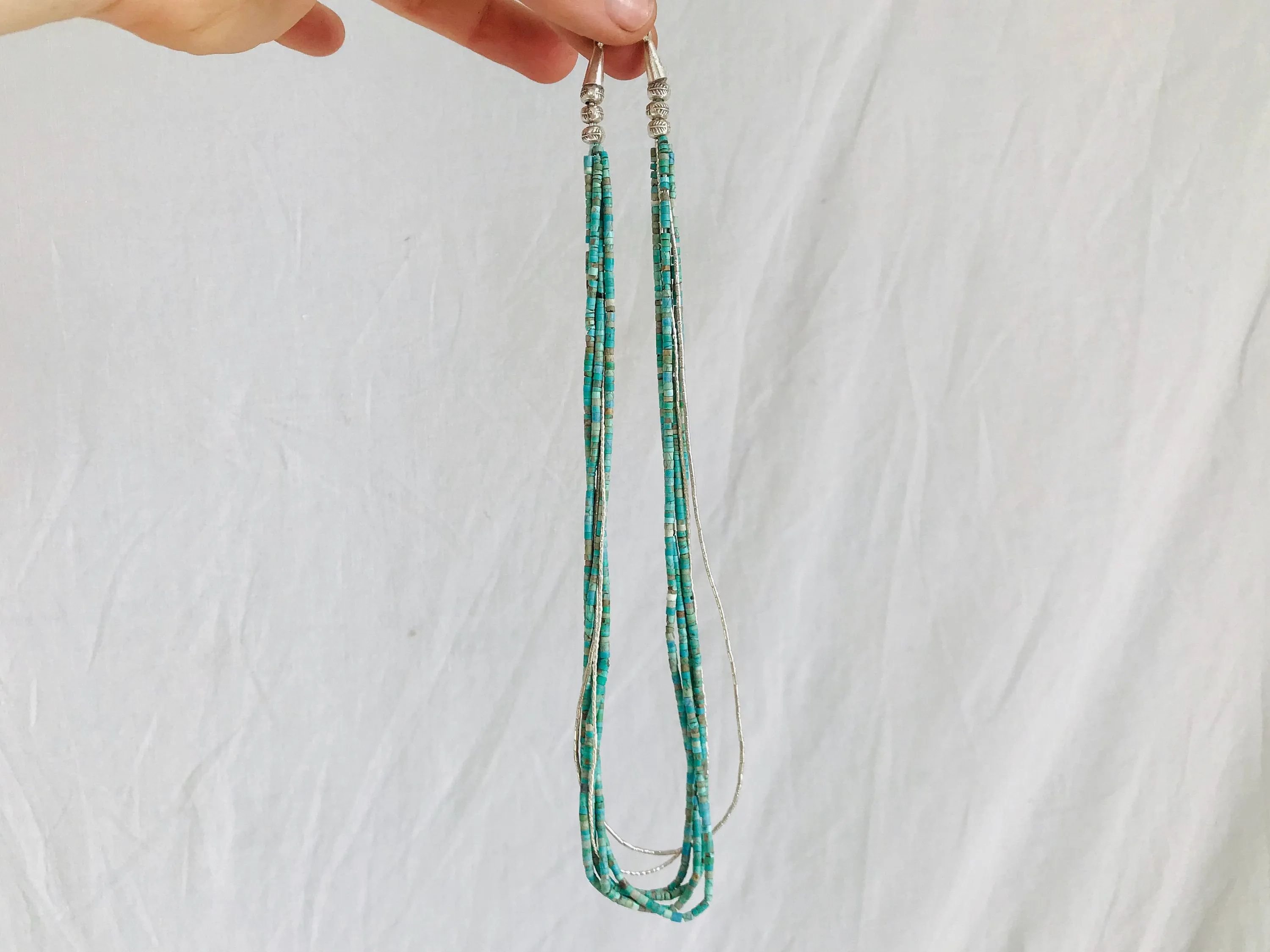 Turquoise Multi-Strand Choker Necklace. Tiny Turquoise Heishi and Sterling Silver