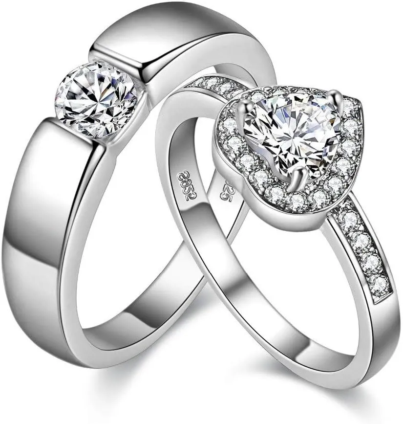 Uloveido A Pair of His and Her Engagement Ring Platinum Plated Heart Wedding Engagement Band for Women and Men Valentine's Day Couples Gifts J002M