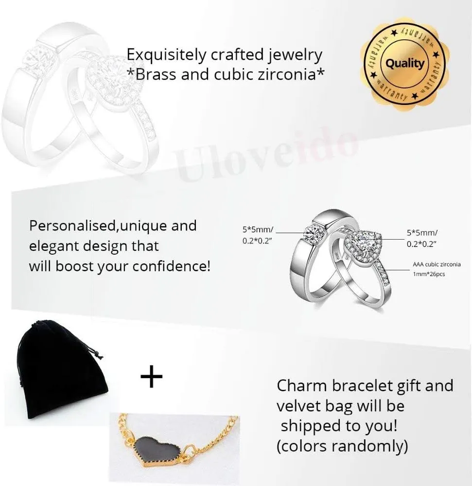 Uloveido A Pair of His and Her Engagement Ring Platinum Plated Heart Wedding Engagement Band for Women and Men Valentine's Day Couples Gifts J002M