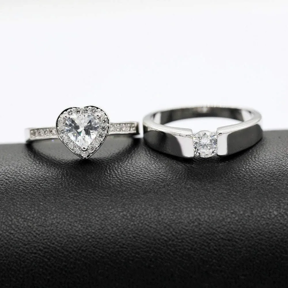 Uloveido A Pair of His and Her Engagement Ring Platinum Plated Heart Wedding Engagement Band for Women and Men Valentine's Day Couples Gifts J002M