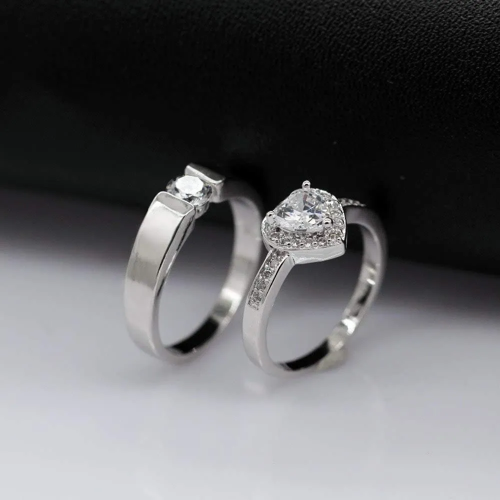 Uloveido A Pair of His and Her Engagement Ring Platinum Plated Heart Wedding Engagement Band for Women and Men Valentine's Day Couples Gifts J002M