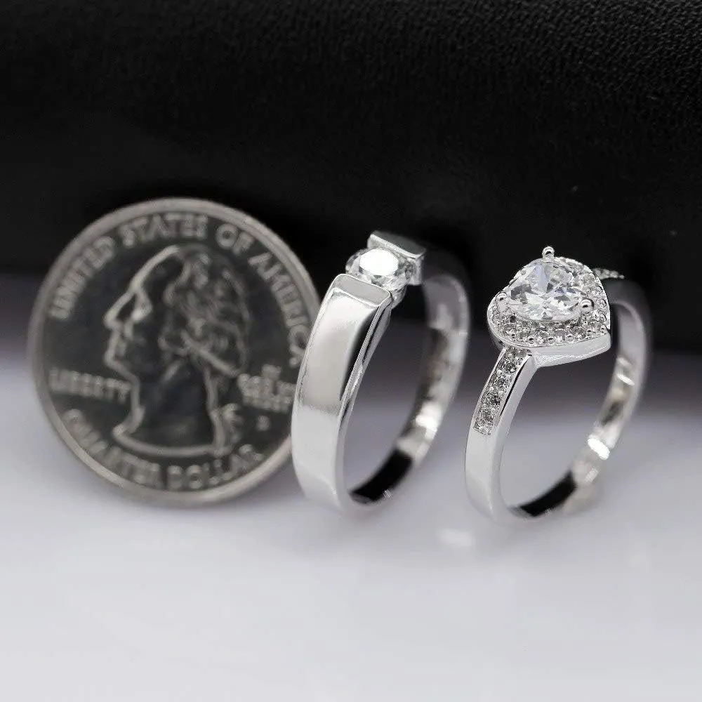 Uloveido A Pair of His and Her Engagement Ring Platinum Plated Heart Wedding Engagement Band for Women and Men Valentine's Day Couples Gifts J002M