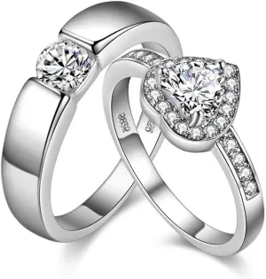 Uloveido A Pair of His and Her Engagement Ring Platinum Plated Heart Wedding Engagement Band for Women and Men Valentine's Day Couples Gifts J002M