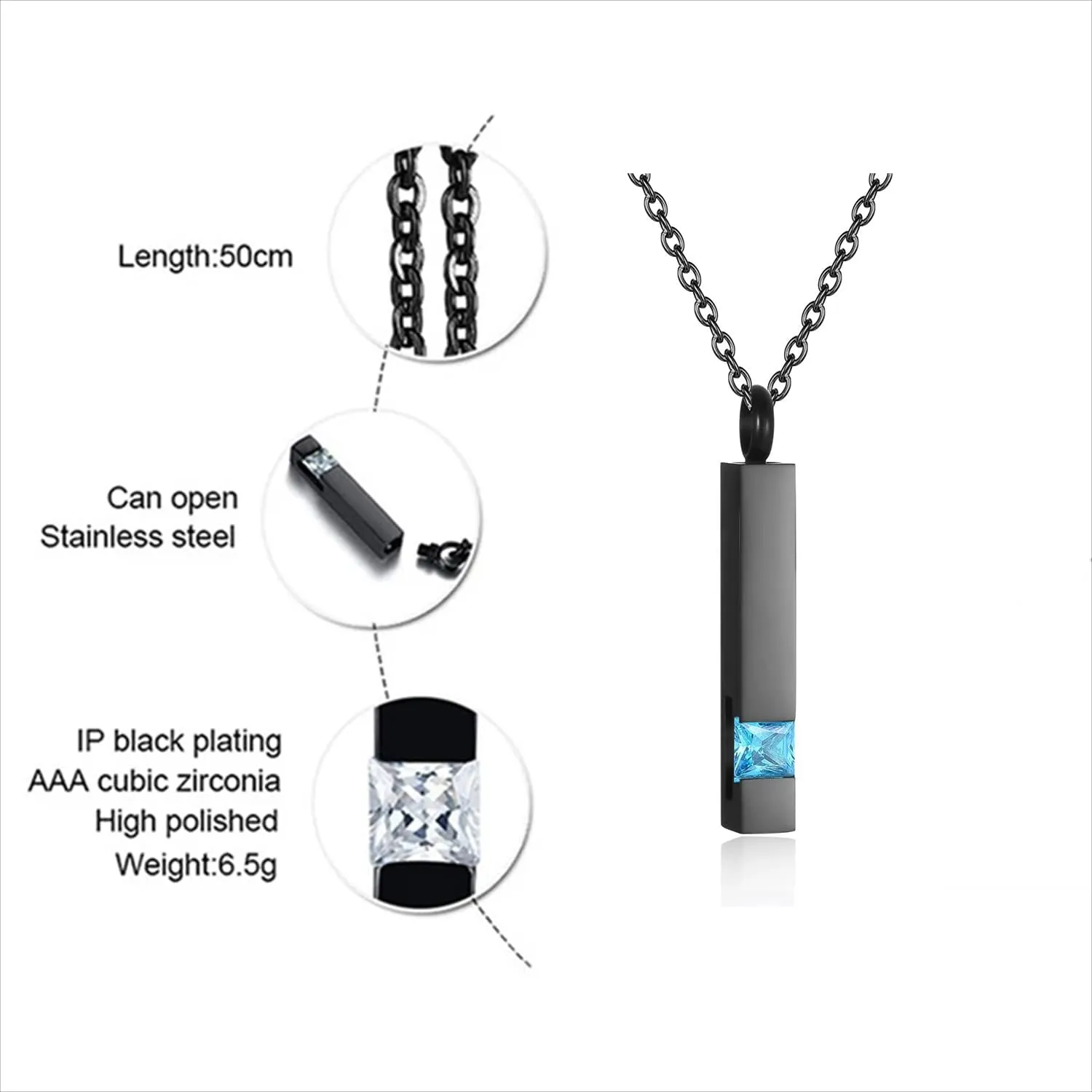 Urn Necklaces for Ashes Stainless Steel Bar Pendant Necklace Cube Memorial Ashes Necklace Crystal Cremation Urn Pendant for Men