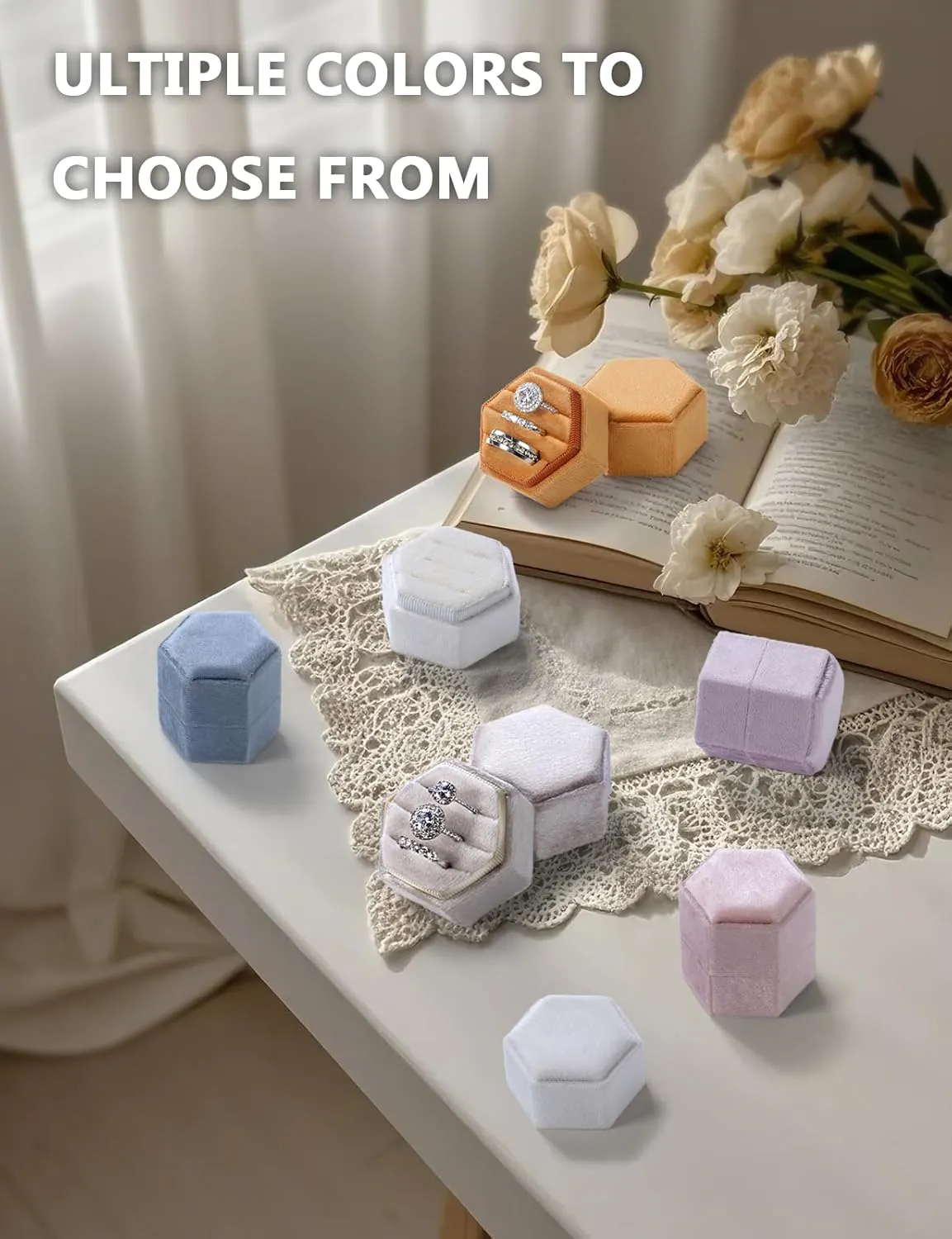 Velvet 3 Slots Jewelry Ring Box Engagement Wedding Box Keepsake Box Bridal Photo Ring Triple Slots Hexagon