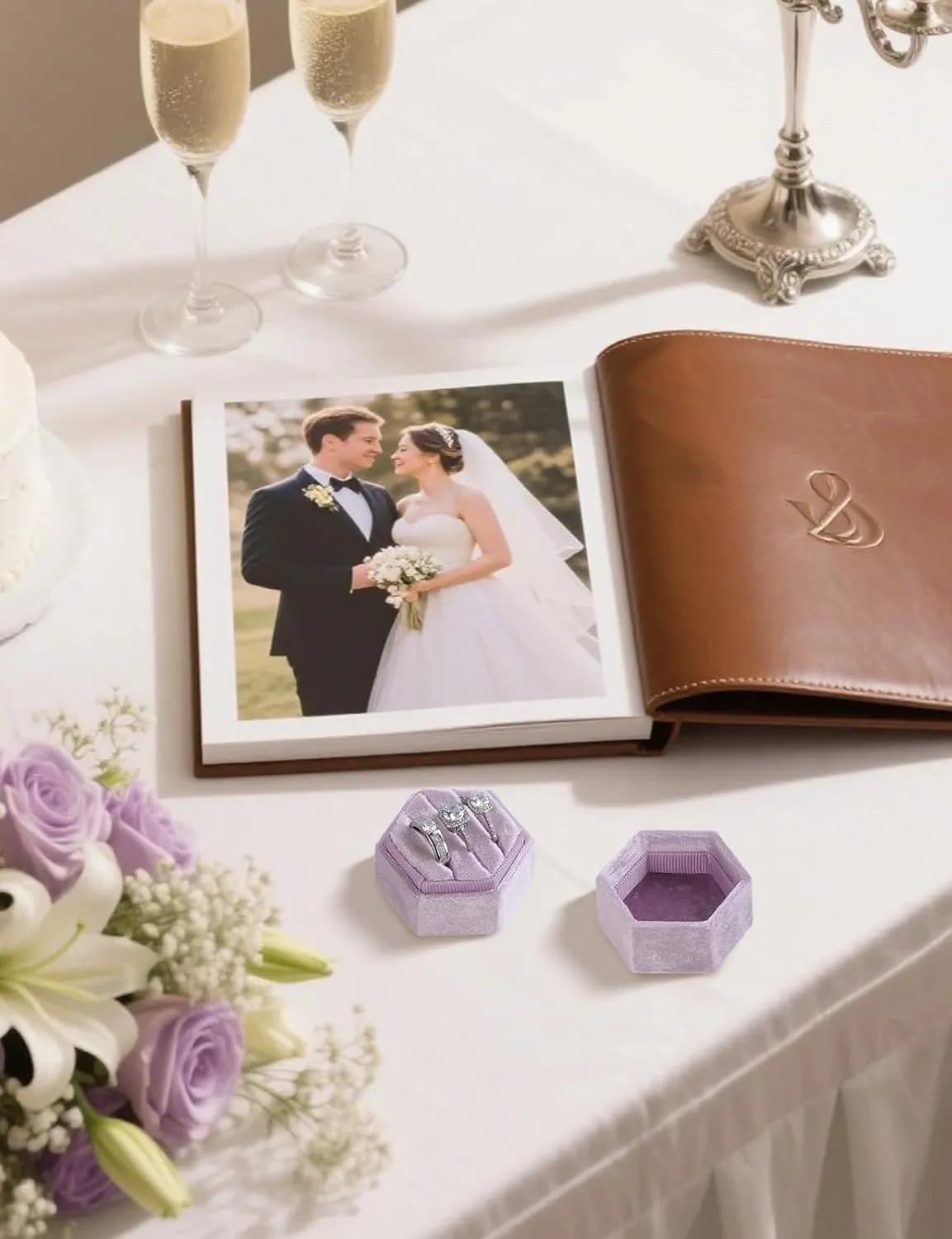 Velvet 3 Slots Jewelry Ring Box Engagement Wedding Box Keepsake Box Bridal Photo Ring Triple Slots Hexagon