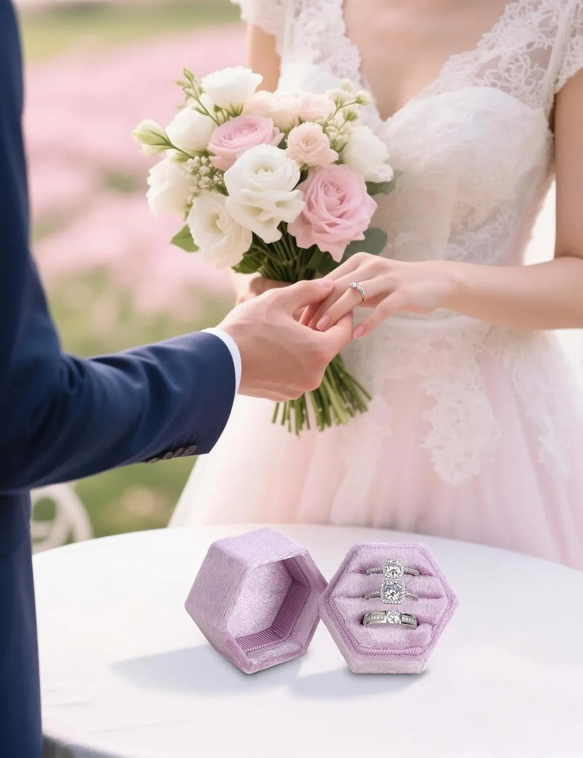 Velvet 3 Slots Jewelry Ring Box Engagement Wedding Box Keepsake Box Bridal Photo Ring Triple Slots Hexagon