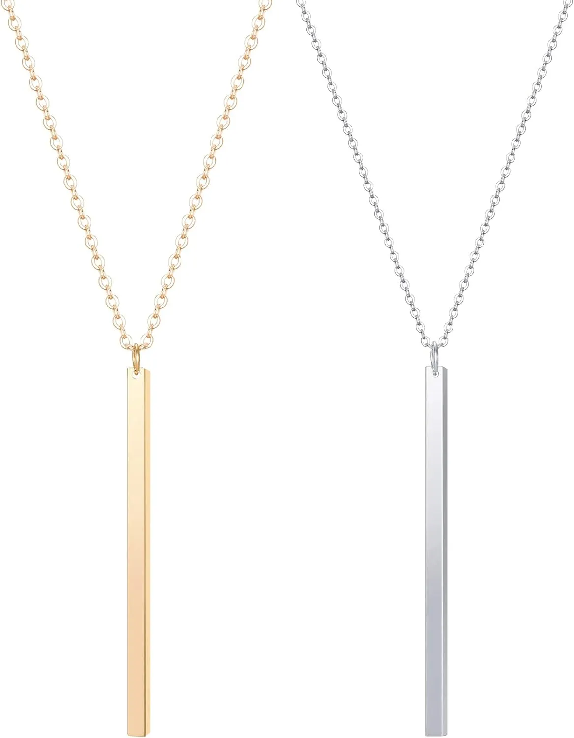 Vertical Bar Pendant Necklace Earrings - Simple Long lariat Chain Minimalist Dangle Earrings for Women 2.4" Pendant 35" Chain 2'' Drop