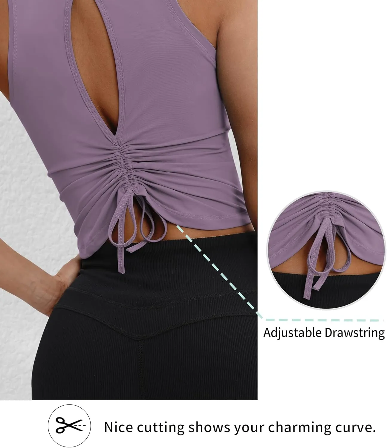 VOOVEEYA Ruched Workout Tops for Women Open Back - Going Out Crop Tops Backless Yoga Tops Tie Back
