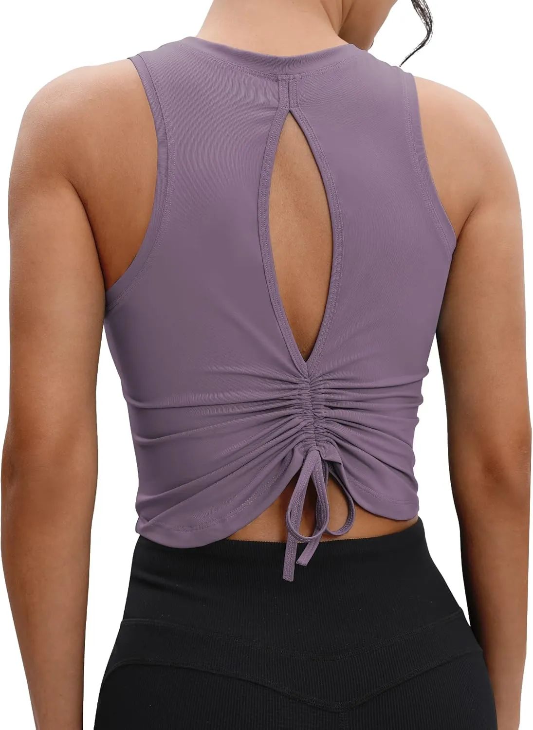 VOOVEEYA Ruched Workout Tops for Women Open Back - Going Out Crop Tops Backless Yoga Tops Tie Back